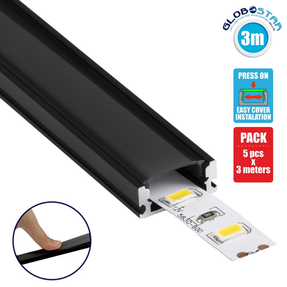 GLOBOSTAR® ALP-LINEAR SURFABO 70806-3M Επιφανειακό Προφίλ Αλουμινίου με Μαύρο Φιμέ Πατητό Κάλυμμα για Ταινίες LED IP20 - Μαύρο & Λευκό - Μ300 x Π1.6 x Υ0.7cm - Πακέτο 5 Τεμαχίων